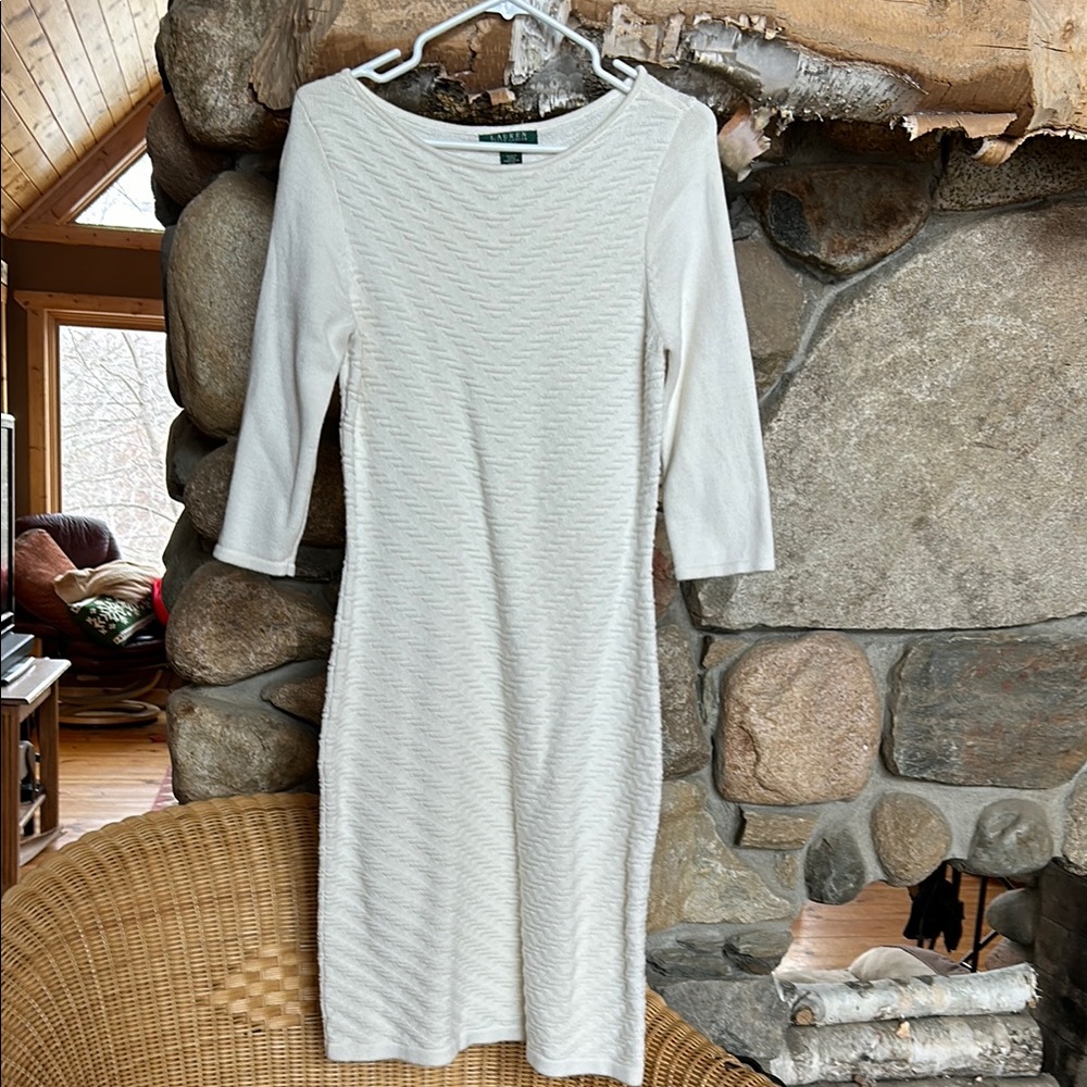 Ralph Lauren Cream Sheath Dress Bateau Neck 3/4 Sleeve